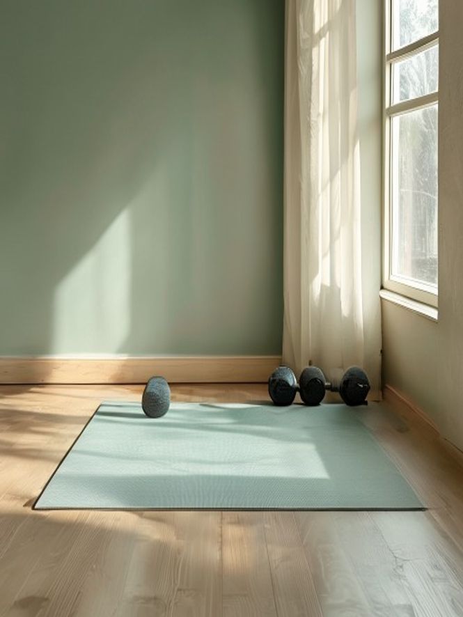 Minimale trainingsruimte met mat en waterflessen op houtenvloer